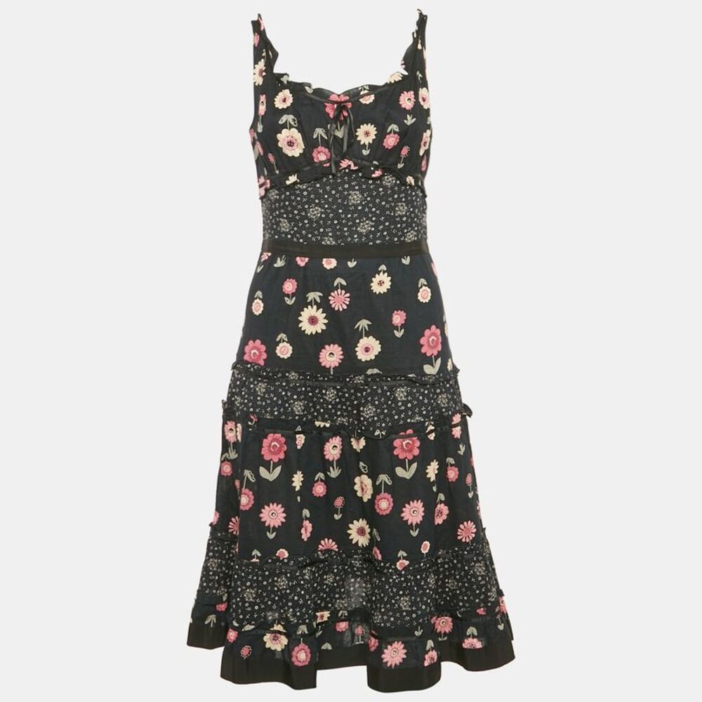 Moschino Cheap And Chic Dark Blue Floral Print Cotton Tiered Short Dress S